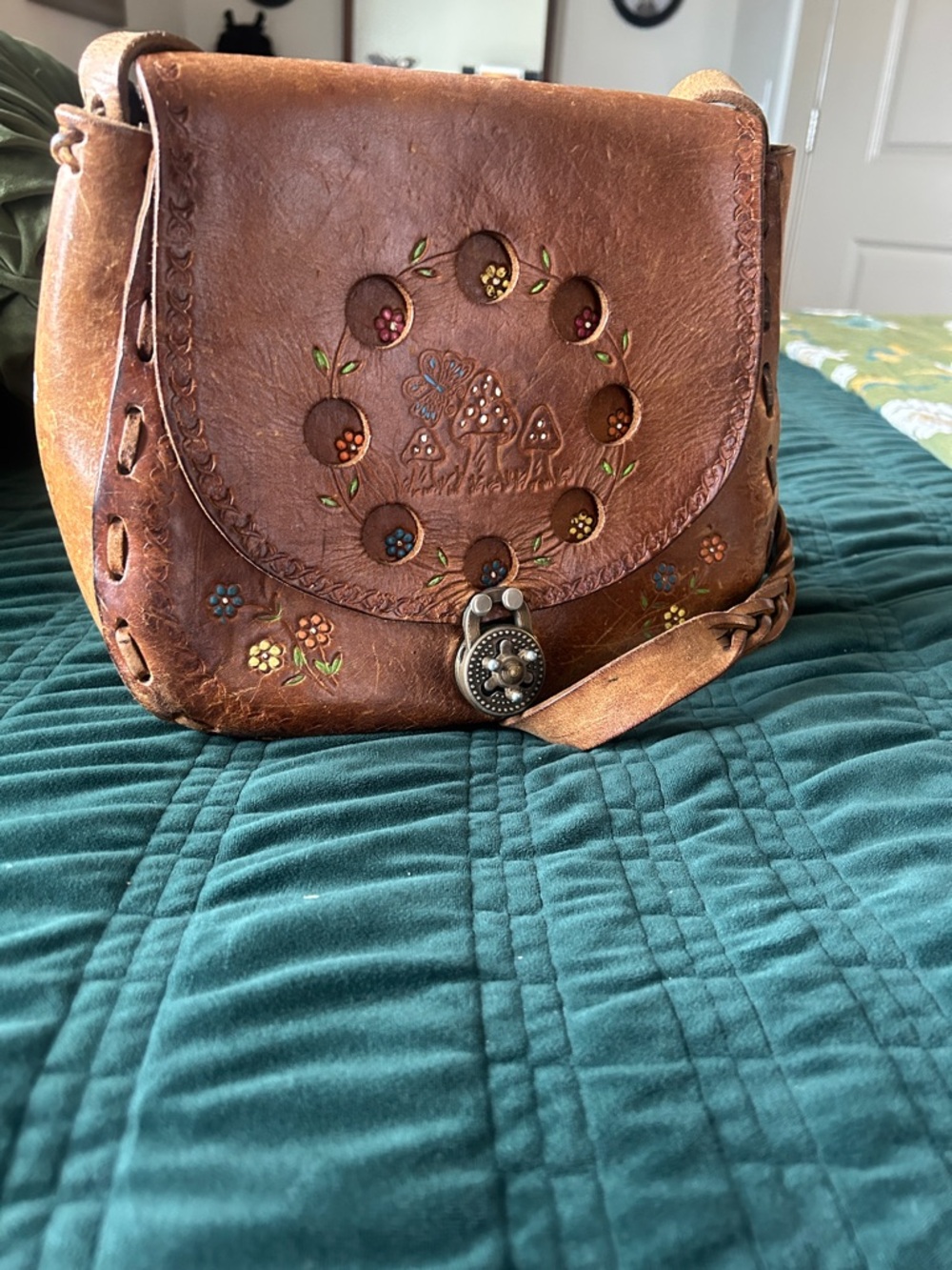 Vintage Brown Leather Crossbody Bag with Floral Embossing